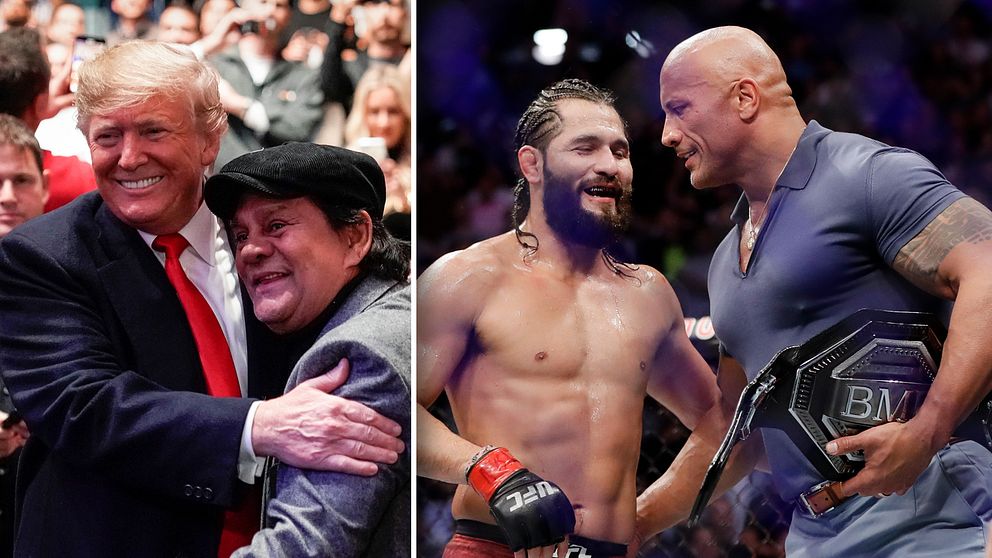 Vänster: USA:s president Donald Trump hälsar på boxningslegendaren Roberto Duran. Höger: Jorge Masvidal får bältet av filmstjärnan ”The Rock”.