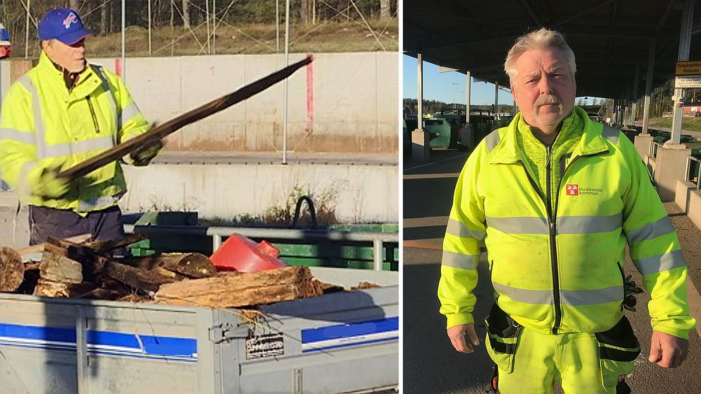Bilden är ett collage. Vänster bildhalva: En man slänger en bräda i en container. Höger bildhalva: Porträttbild av Göran Strömgren på Ulvbergets återvinningscentral.