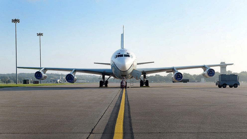 Ett amerikanskt OC-135 Open Skies övervakningsflygplan på Offutt flygbas i Nebraska den 14 september 2018.