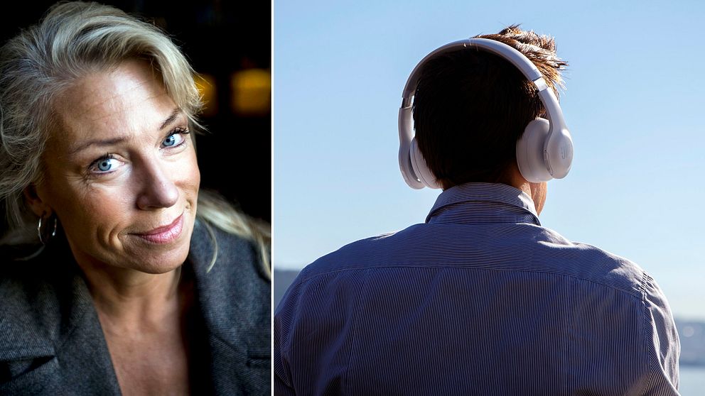 Till vänster: skådespelaren Katarina Ewerlöf. Till höger: man med hörlurar sitter i solen med ryggen vänd mot kameran.