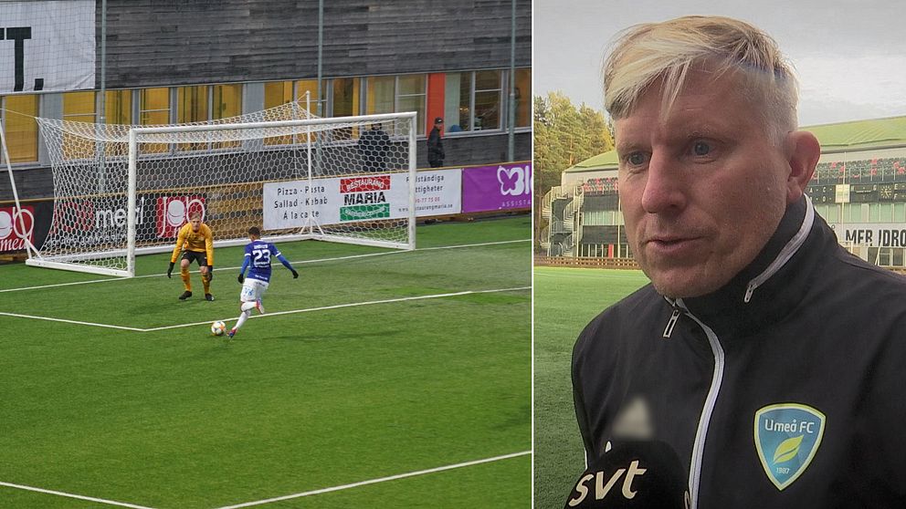 En delad mild med en Umeå FC-spelare som kommer ensam med motståndarmålvakten och skjuter, samt lagets tränare Magnus Henrysson.