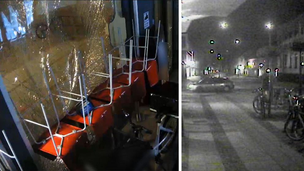 Övervakningsbilder från explosionen i Lund i september. Bild föreställer insidan av en butik som skadades av explosionen och en annan bild föreställer en bil som polisen misstänker kan ha använts av gärningsmännen.