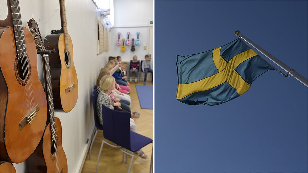 Gitarrer hänger på väggen. En musiklektion pågår i bakgrunden. Till höger: svenska flaggan.