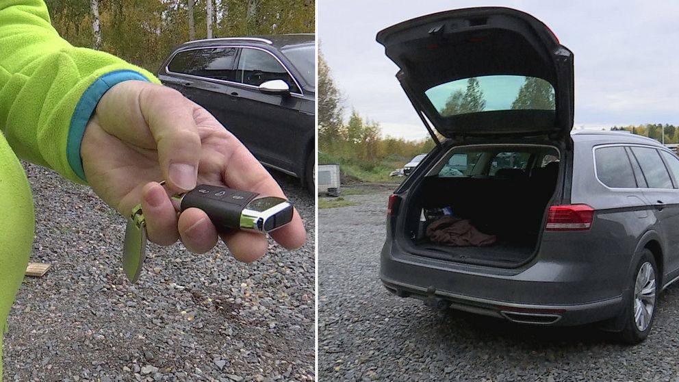 En delad bild på en man som håller i en bilnyckel och en bil med öppen baklucka.