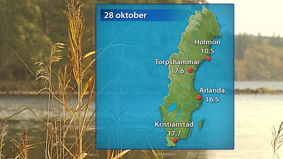 Den 28 oktober blev en extremt varm dag för att vara så sent på säsongen. Här de olika landsdelarnas maxtemperatur den dagen.