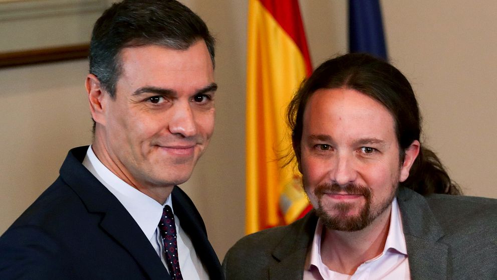 PSOE:s ledare Pedro Sánchez till vänster och Unidas Podemos Pablo Iglesias till höger