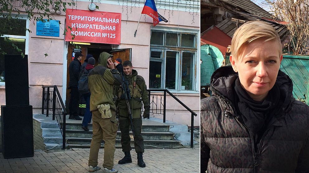 SVT:s korrespondent vittnar om stridigheter och mycket vapen i vallokalerna i Donetsk.