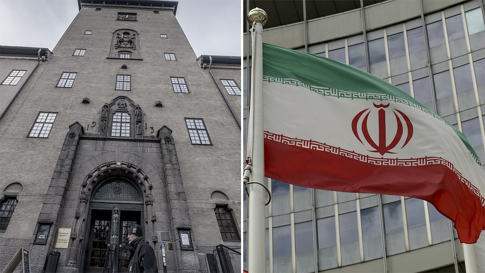 Bild på Stockholms tingsrätt och bild på Irans flagga.