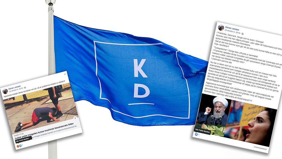 Ett bildmontage på en KD-flagga och två Facebook-inlägg som Patrik Marthin (KD) gillat.