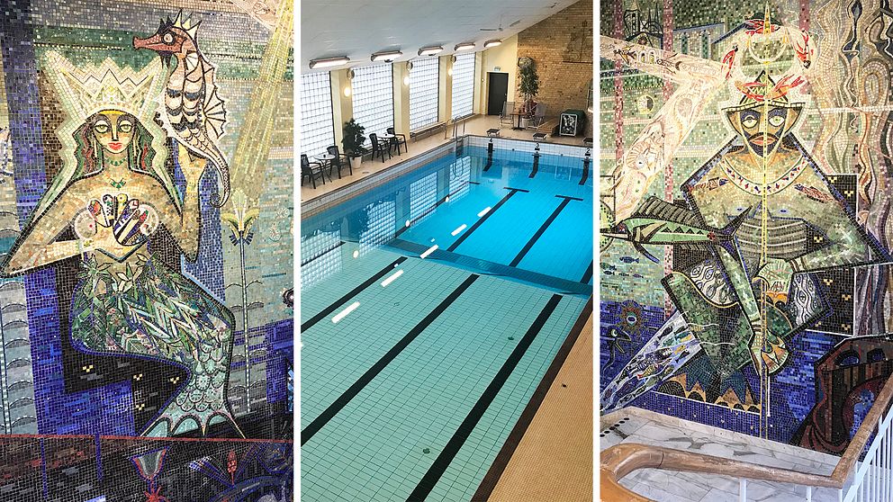 Collage i tre delar med muralkonst och en bild på simbassängen i Hudiksvalls badhus.