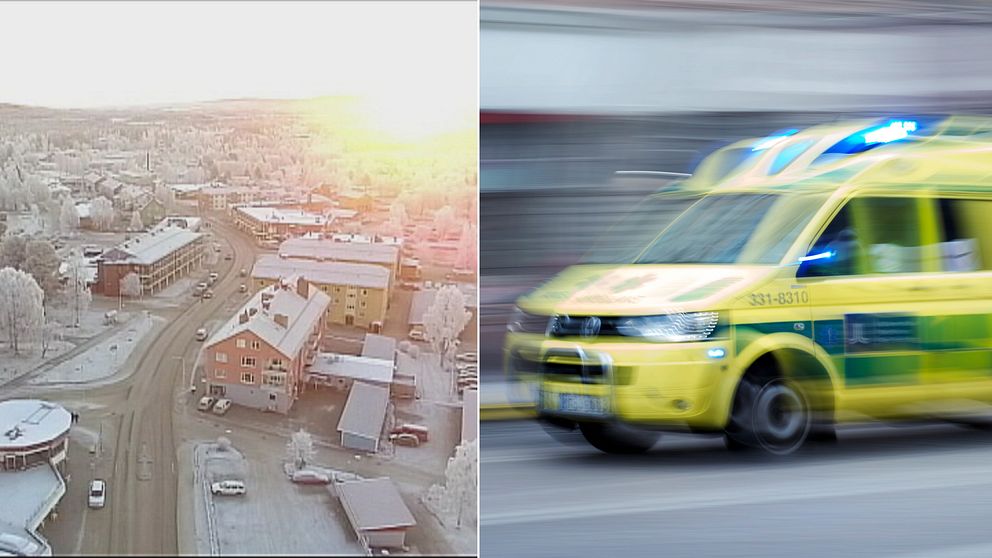 En delad bild på en överblick av Vilhelmina samhälle i vintertid och en ambulans.