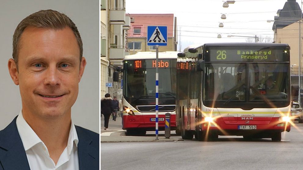 Henrik Cederqvist, trafikområdeschef Syd på Keolis och bild på bussar i Jönköping