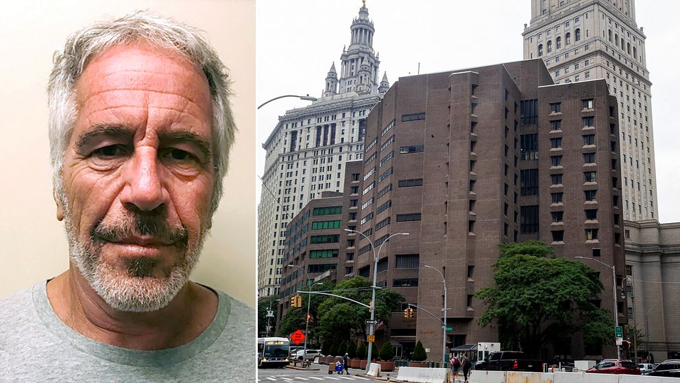 Jeffrey Epstein (t.v) och Metropolitan Correctional Center i New York där han hittades död i sin cell.