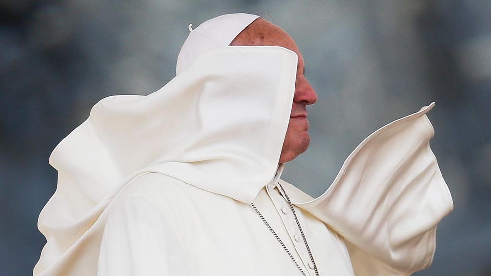 A gust of wind blows Pope Francis' mantle during an audience granted to catholic groups in St. Peter's Square at the Vatican, Saturday, June 14, 2014.