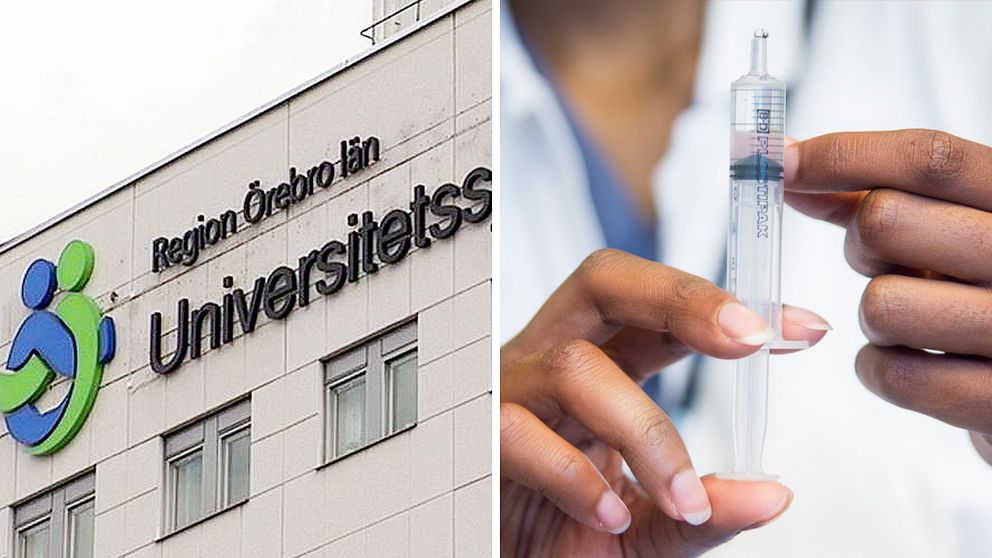 Till vänster en bild på universitetssjukhuset i Örebro. Till höger en bild på en läkare som förbereder en spruta.