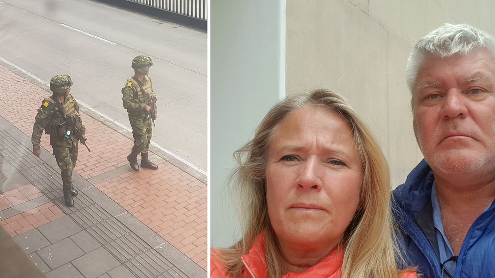 Paula Wiesel och Mikael Nilsson från Varberg blev förvånade när colombianska militärer tågade förbi deras hotell.