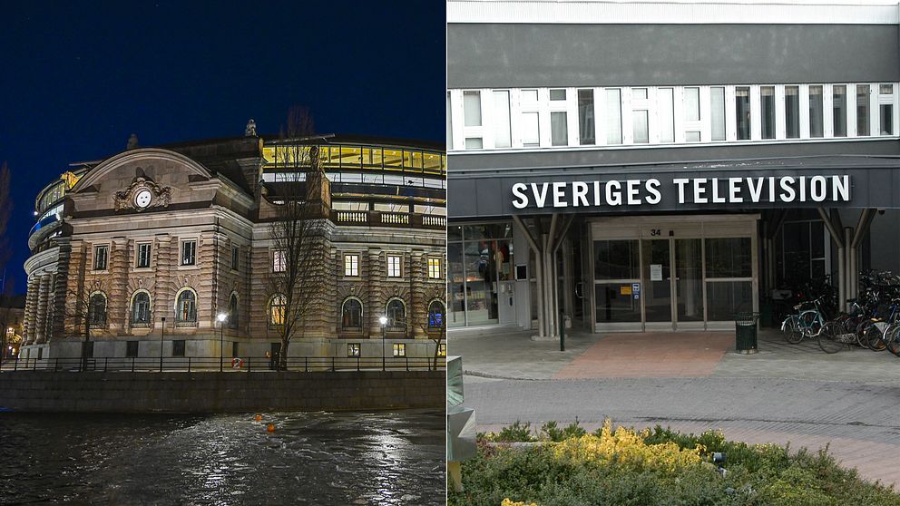 En delade bild med Sveriges riksdag till vänster och Sveriges televisions TV-hus till höger.