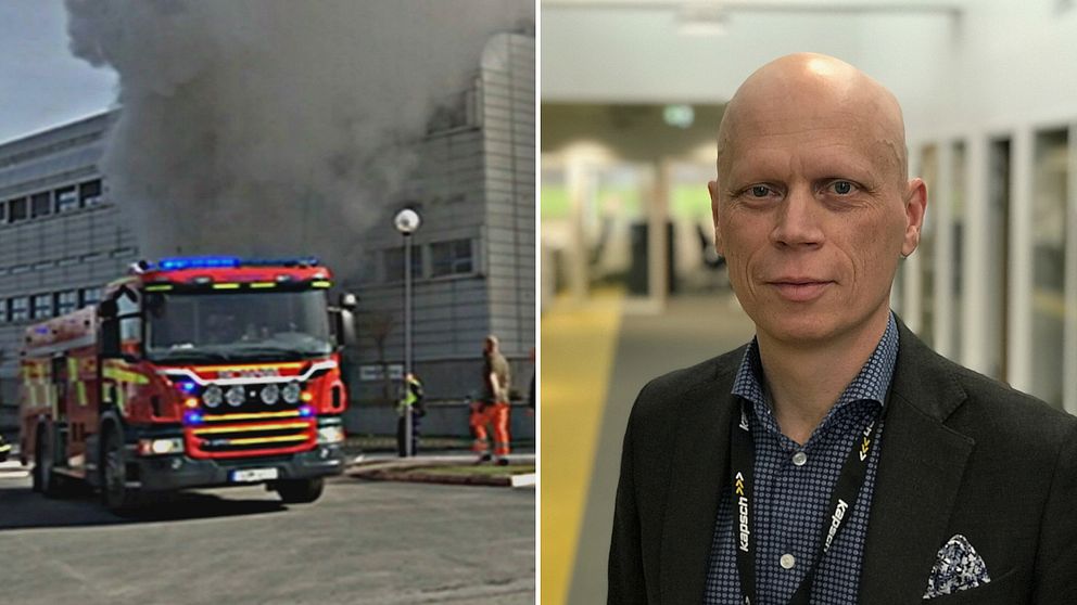 Mattias Larsson, vd på Kapsch och bild från branden i april 2017