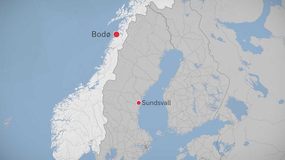 Karta över Sverige och Norge som visar var Bodö ligger