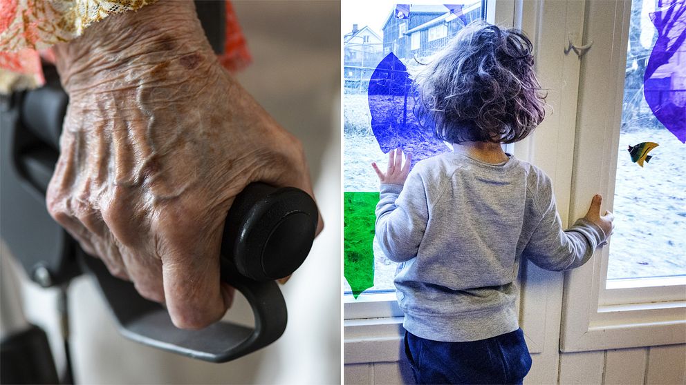 En äldre hand på en rullator och en bild på ett litet barn vid ett fönster.