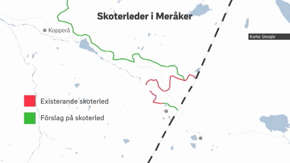 Grafik-karta över Meråkers planer på skoterled till svenska gränsen vid Storlien.
