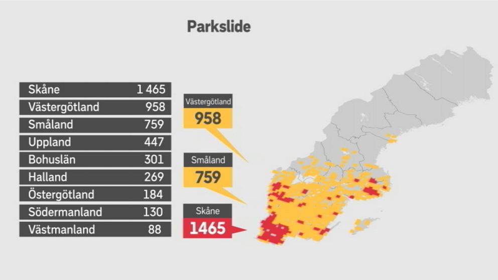 Lista på antalet observationer av parkslide där Skåne toppar med 1 465 observationer.