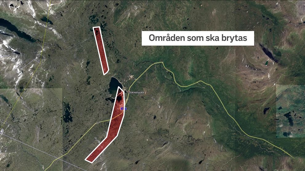 Karta med röda områden markerade. Områdena vill ett gruvbolag starta brytning i.