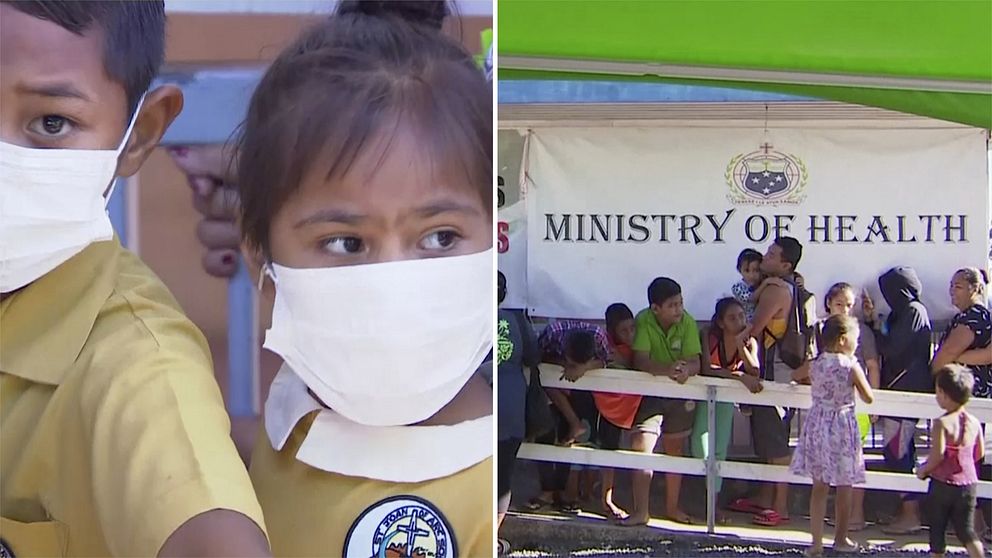 Till vänster: Barn på Samoa bär masker för att skydda sig medan de väntar på att bli vaccinerade. Till höger: Kö till vaccinationsmottagning i Apia, Samoa.