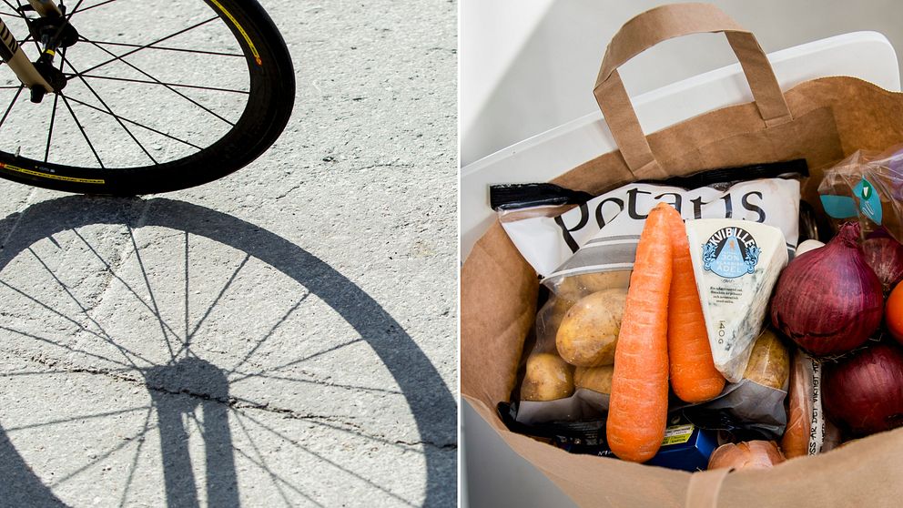 En tudelad bild med ett framhjul på en cykel till vänster, och en papperskasse med mat som exempelvis potatis och morötter till höger.