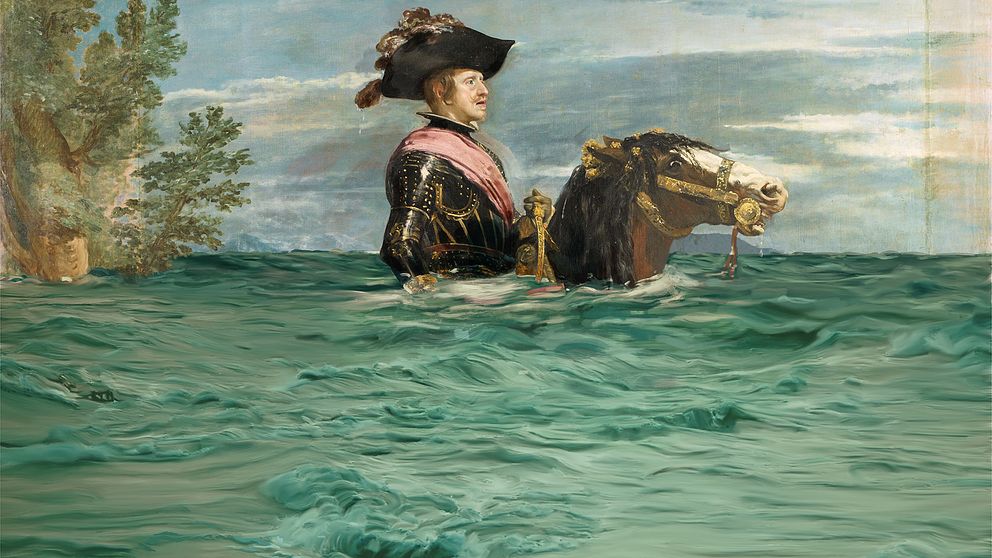 Den nya bilden av Velásquez målning Felipe till häst ska påminna om riskerna med höjda havsnivåer i samband med ett varmare klimat.