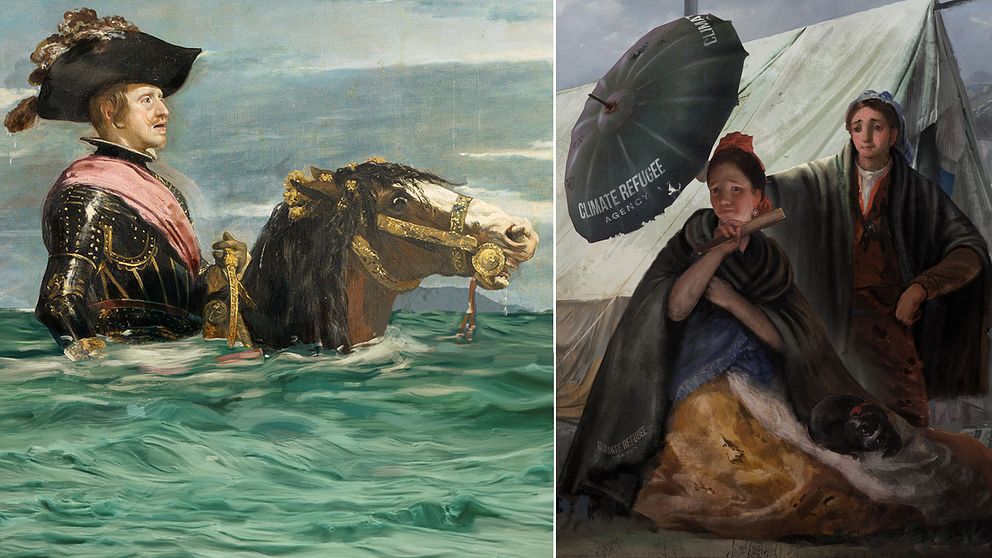 Velásquez målning Felipe till häst har hamnat under vatten och den omgjorda Goyamålningen sätter fingret på framtida klimatflyktingars situation.