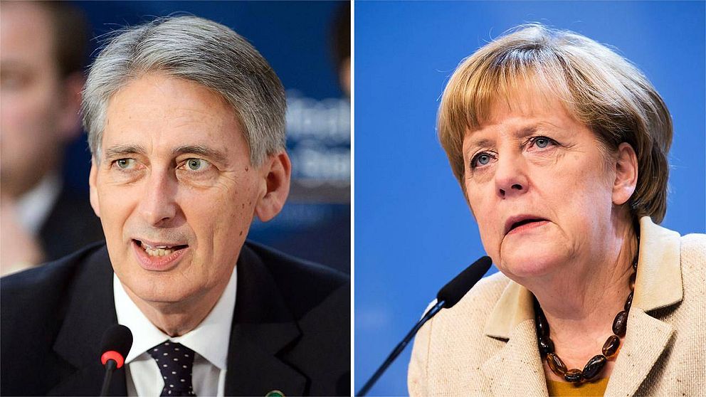 Storbritanniens utrikesminister Philip Hammond och Tysklands förbundskansler Angela Merkel.