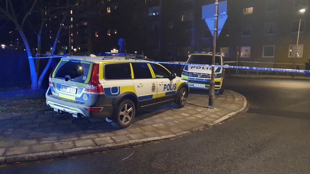 Polisbilar och avspärrningstejp vid mordplatsen på Professorsgatan i Hermodsdal i Malmö.