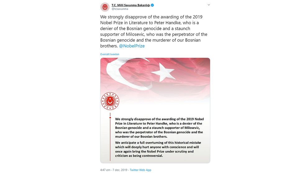 Skärmdump på inlägget från det officiella twitterkontot för Turkiets försvarsdepartement.