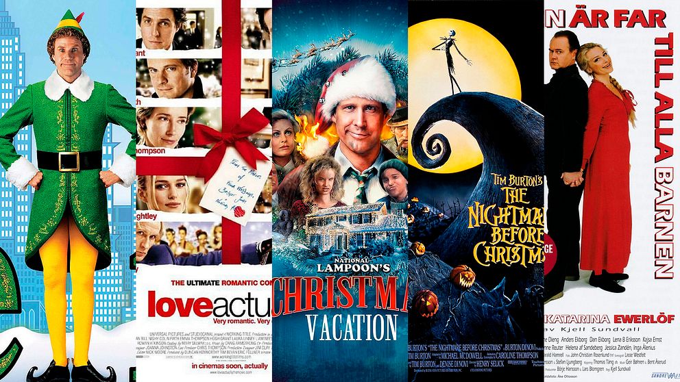 Filmomslag till Elf, Love Acutally, Ett päron till farsa firar jul, The Nightmare before Christmas och Tomten är far till alla barnen.
