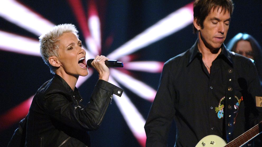 Marie Fredriksson och Per Gessle uppträder som Roxette, under välgörenhetsgalan Tillsammans för världens barn, 2006.