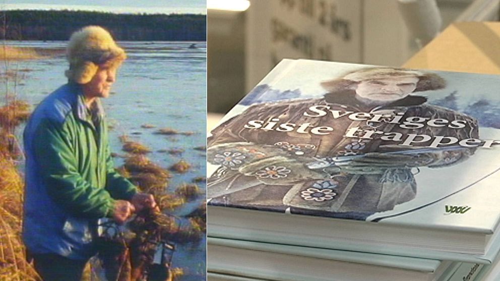 Gammal bild på en man med pälsmössa vid en sjö, bild på en bok ”Sveriges siste trapper”