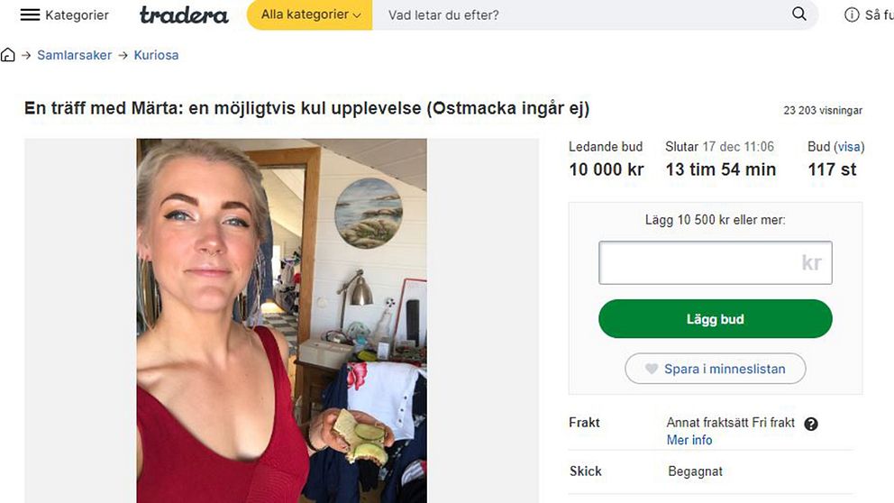 ”KOM Å KÖP: En dejt med Märta, en 27årig kompetent (?) kvinna (tjej, dam, flicka) från Göteborg, till förmån för insamlingen till Musikhjälpen 2019”, står det i annonsens inledning.