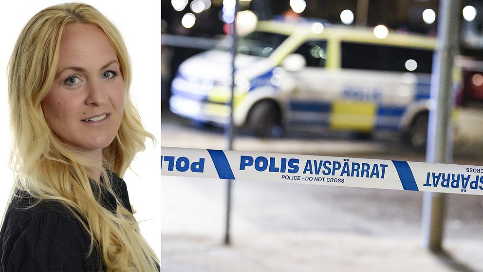 En delad bild med forskaren Malin Wieslander till vänster och en polisavspärrning till höger.