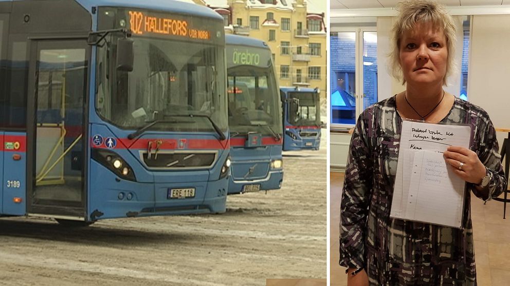 Flera blå bussar, bl.a. med skylt ”Hällefors” * Regionråd Nina Höijer (S) med en lista namnunderskrifter mot nedläggning av busslinjer.