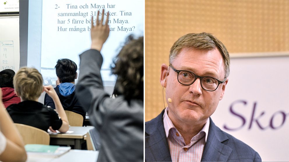 Barn i ett klassrum med uppsträckta händer (till vänster). Skolverkets generaldirektör Peter Fredriksson (till höger)