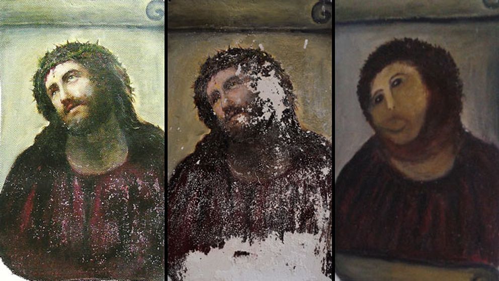 Elías García Martínez väggmålning ”Ecce Homo” år 2010, i juli 2012 och efter ”restaureringén”.
