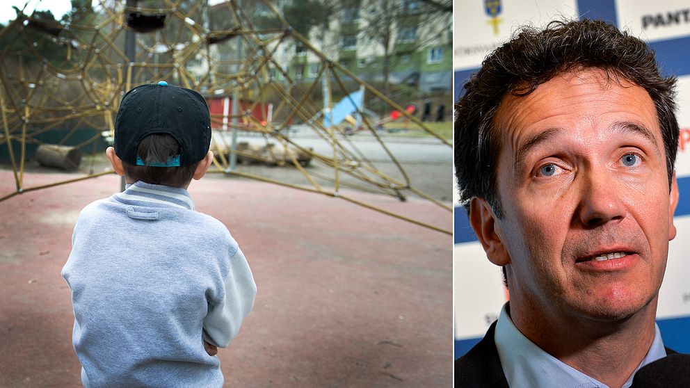 En liten pojke som sitter på en bänk på en lekplats. Till höger i separat bild: Jan_erik Vaara, enhetschef på Försäkringskassan i Örebro.