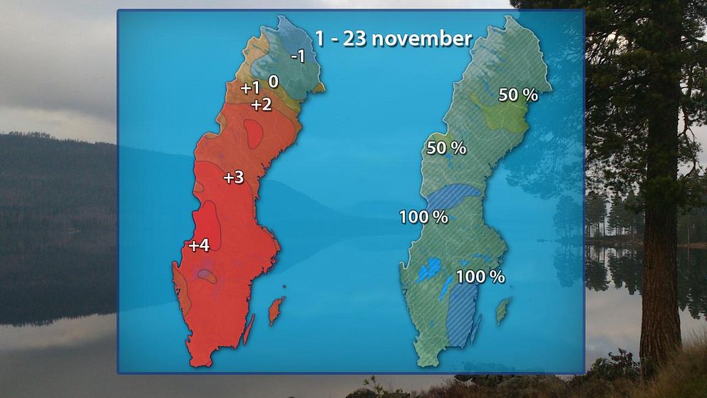 Till vänster månadens medeltemperatur de 23 första dygnen jämfört med referensperioden 1961-1990. Till höger månadens nederbördsmängder i procent de första 23 dygnen jämfört med samma referensperiod.