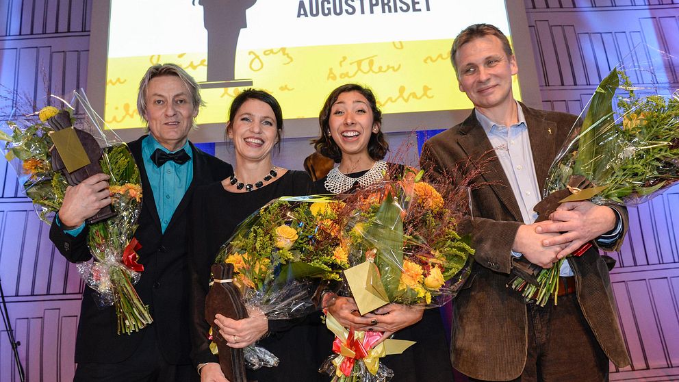 Alla pristagare. Från vänster Lars Lerin, Kristina Sandberg, Matilde Villegas Bengtsson och Jakob Wegelius.