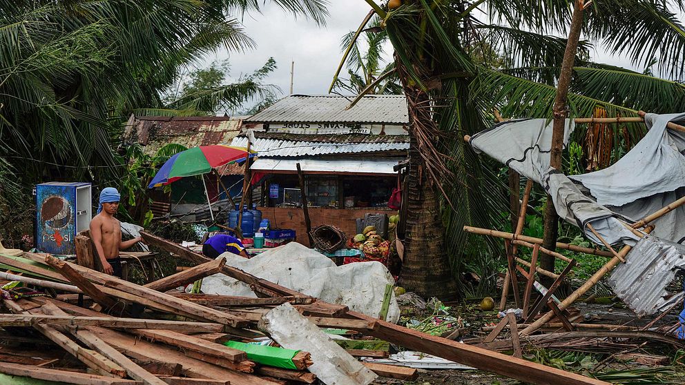 Ett hus som förstörts i Tacloban, i Leyte provinsen i Filippinerna.