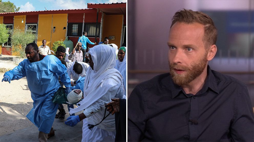 Bild på läkare som bär skadade på bår i Mogadishu samt bild på SVT:s utrikesreporter och tidigare Afrikakorrespondent Johan Ripås.