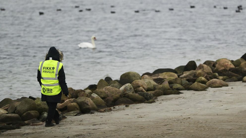 Frivillig från FIKK i gul väst vandrar längs strand