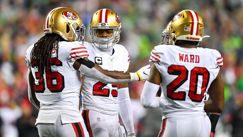 San Franciscos Richard Sherman, Marcell Harris och Jimmie Ward i nattens match mot Seattle.