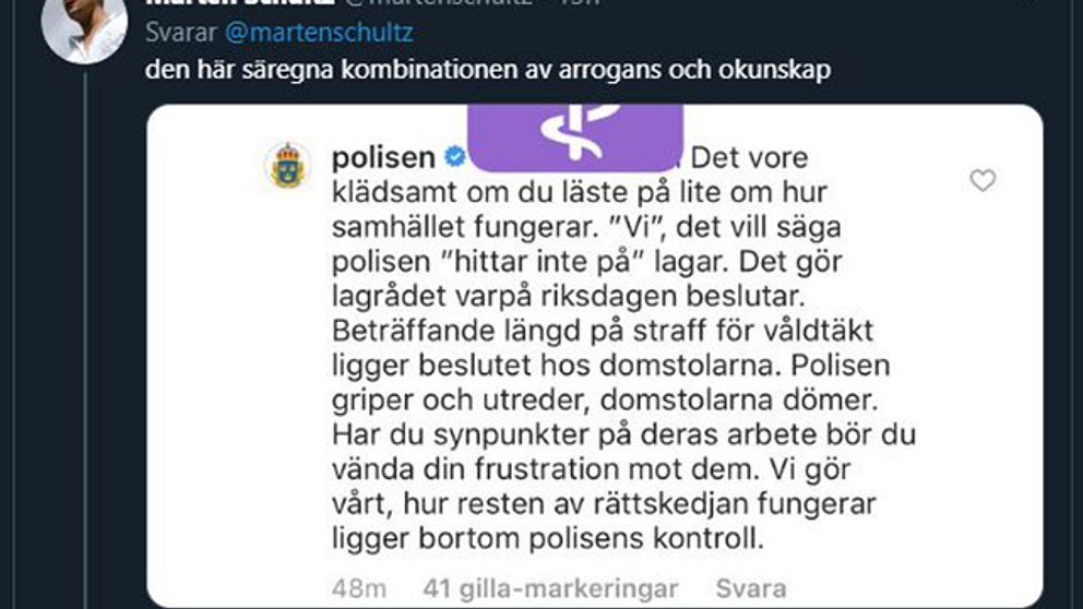 En del av Mårten Schultz kritik mot polisens officiella konto på Instagram.